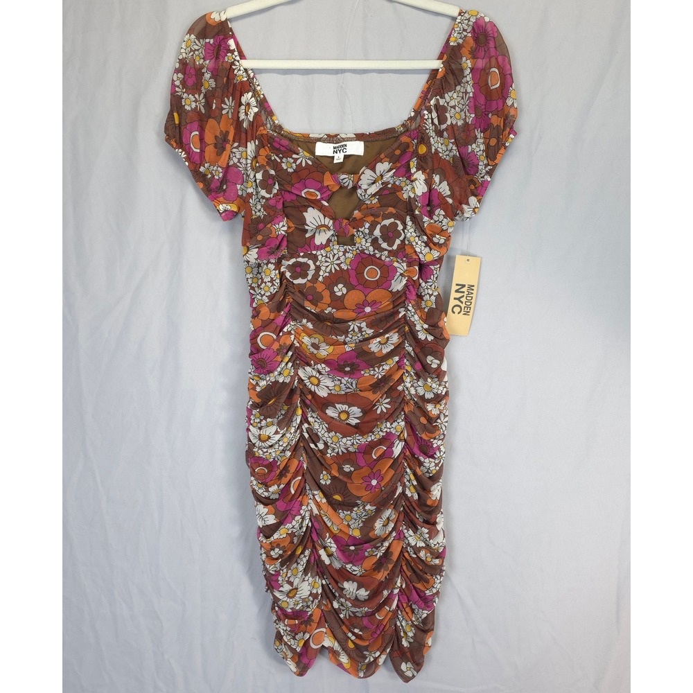 Madden NYC Floral Ruched‎ Mesh Bodycon Dress Women L Brown Pink Y2K Retro Vibe